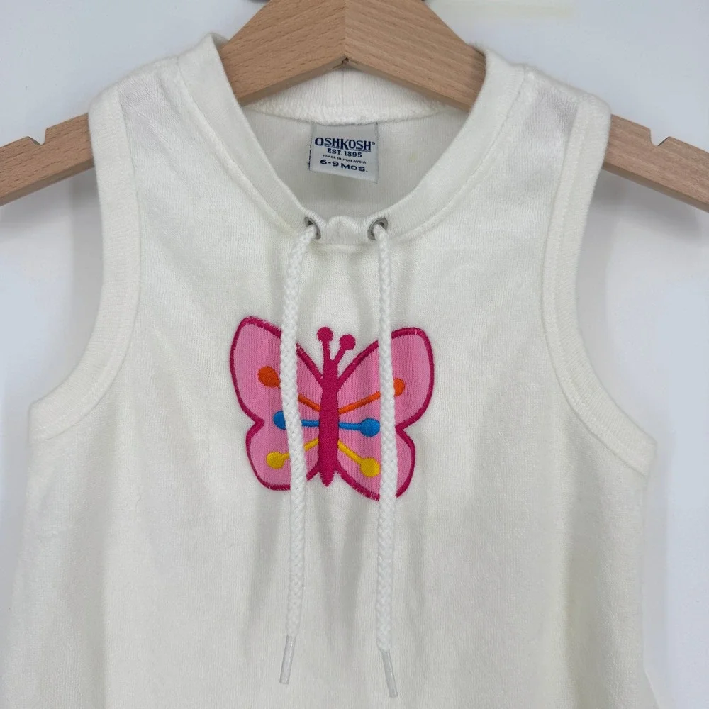 Vintage OshKosh Baby White Butterfly Terry‎ Cloth Sleeveless Racerback Dress 90s